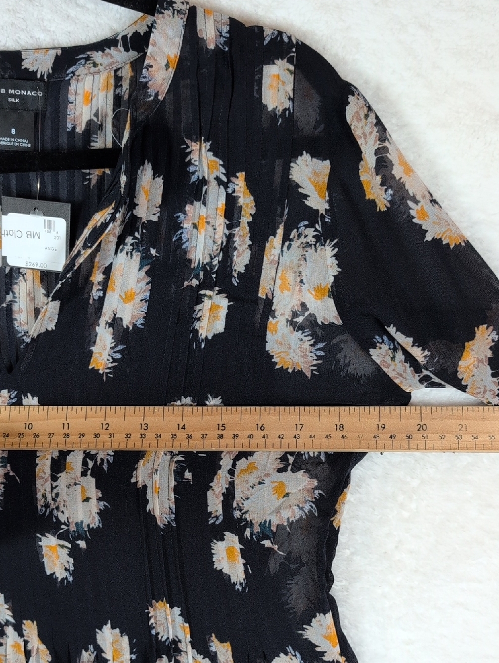 Club Monaco SILK Navy Floral Long-Sleeve A-Line Dress - Picture 6 of 7